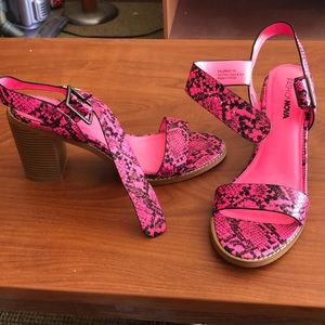 Hot pink snake skin block heels